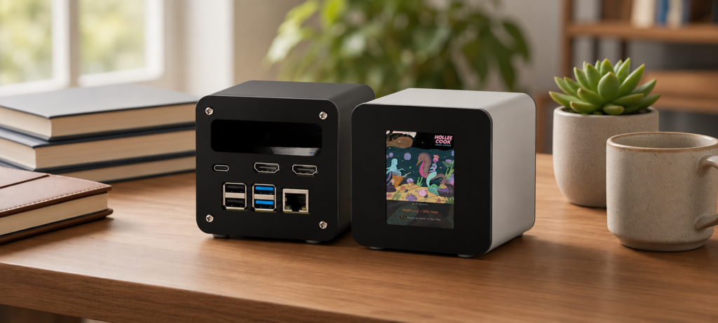 Black and silver PIXIS enclosures of matching size on a desk