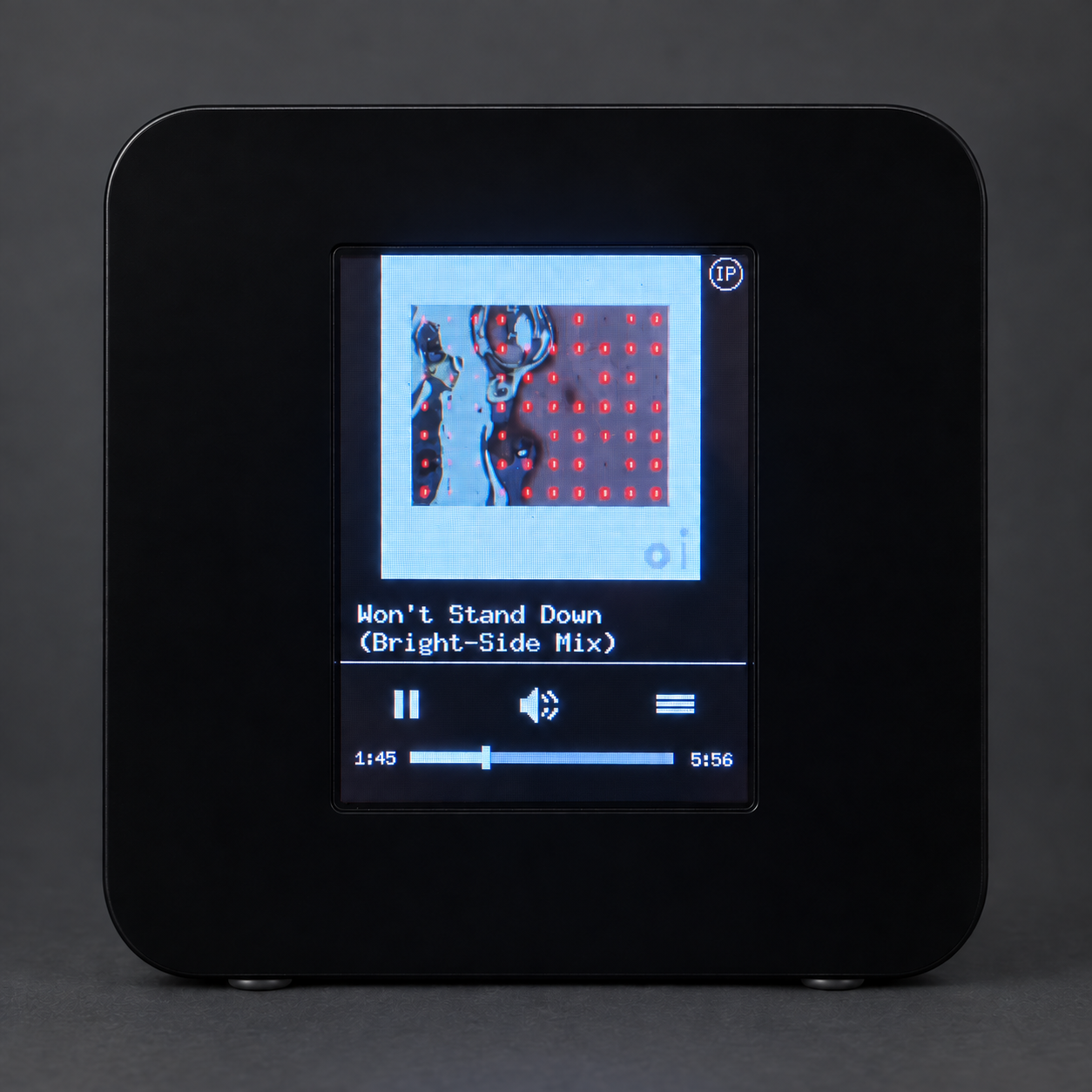 Square PIXIS case with portrait LCD showing different album artwork and Won’t Stand Down (Bright-Side Mix)